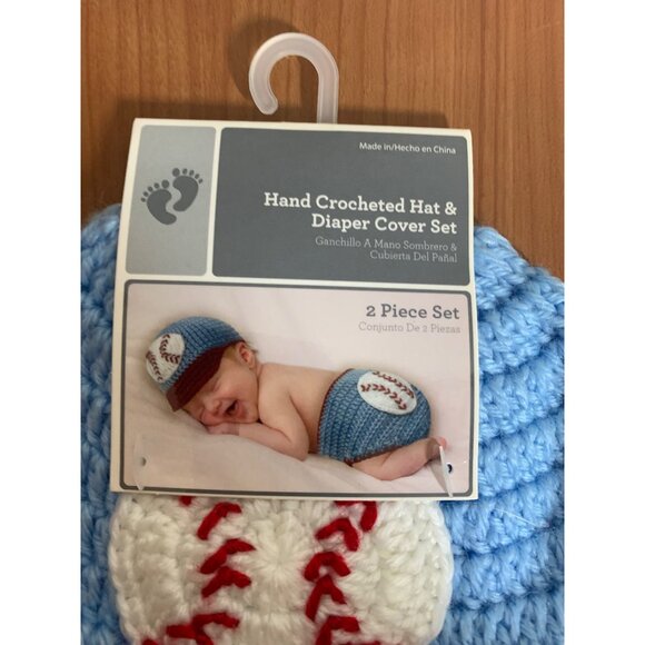 Other - NWT Infant Photography Hand Crocheted Set Newborn Baby Baseball Blue Knit Hat